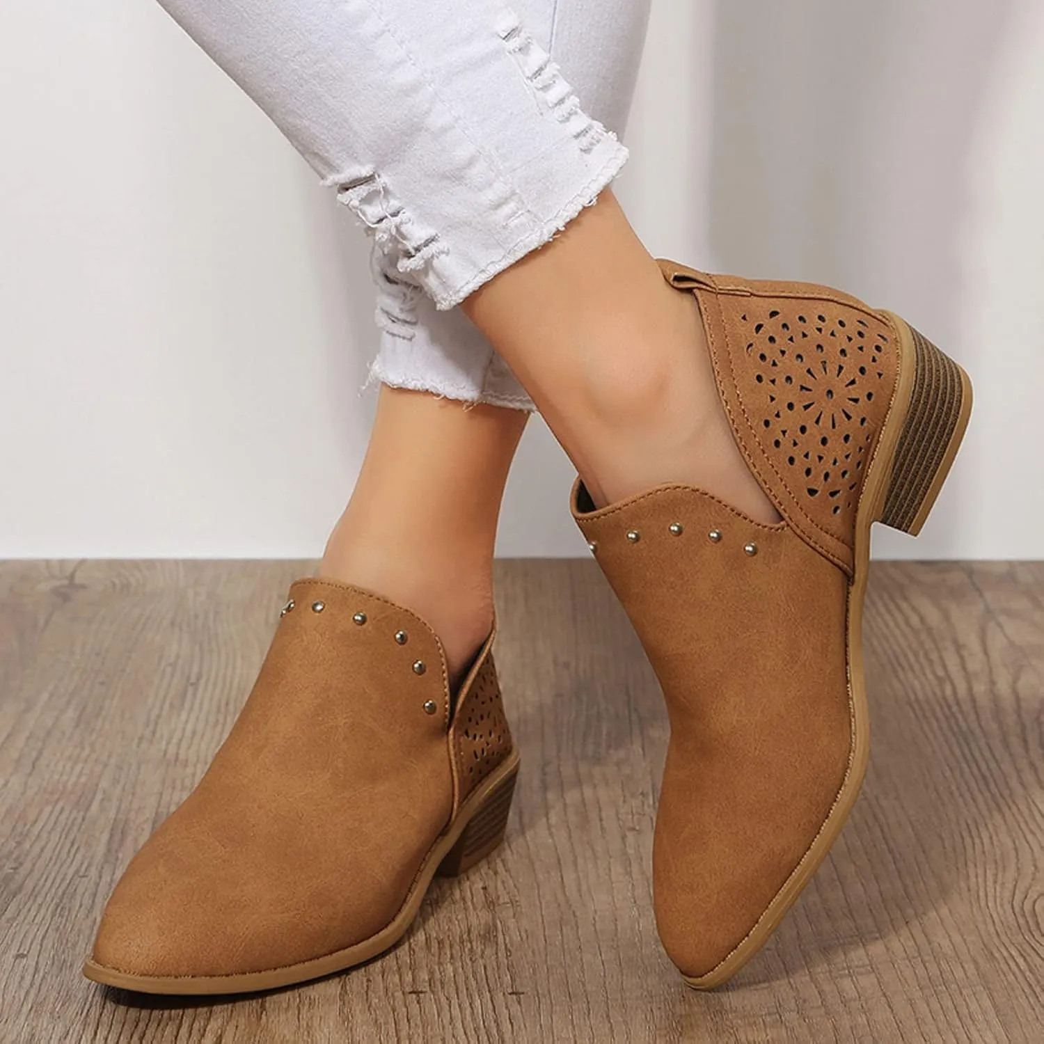 AMDBEL Ankle Boots for Women Cut Out Slip On Short Chunky Stacked Heel Perforated Side V Cut Western Booties Cutout Shoes