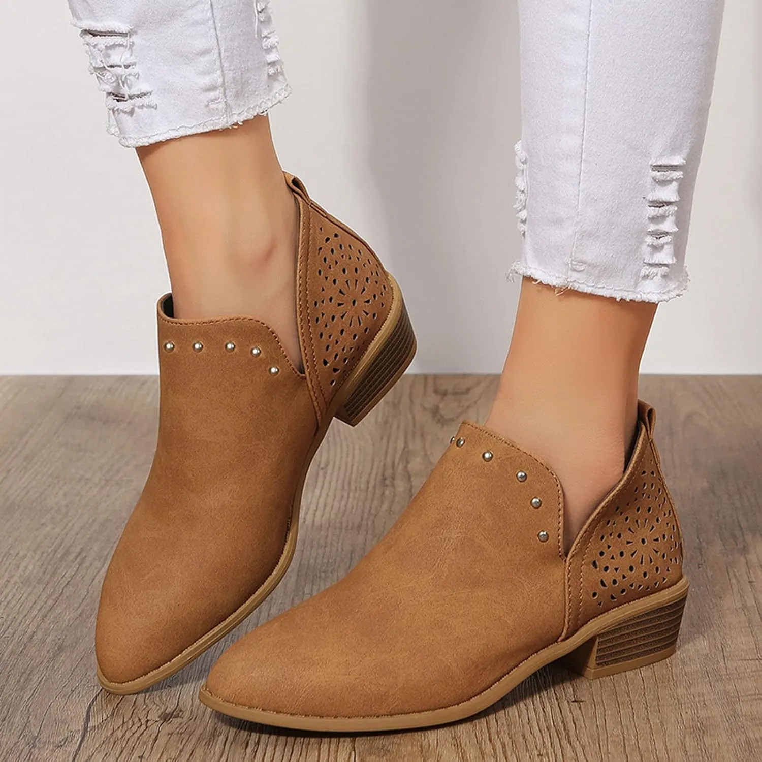 AMDBEL Ankle Boots for Women Cut Out Slip On Short Chunky Stacked Heel Perforated Side V Cut Western Booties Cutout Shoes