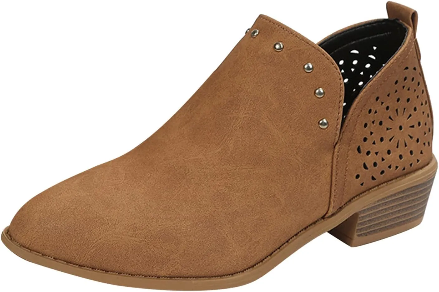 AMDBEL Ankle Boots for Women Cut Out Slip On Short Chunky Stacked Heel Perforated Side V Cut Western Booties Cutout Shoes