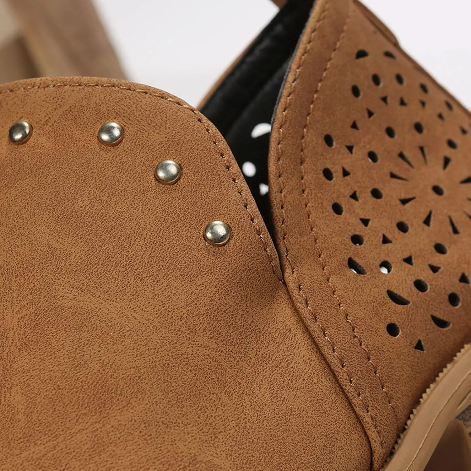 AMDBEL Ankle Boots for Women Cut Out Slip On Short Chunky Stacked Heel Perforated Side V Cut Western Booties Cutout Shoes