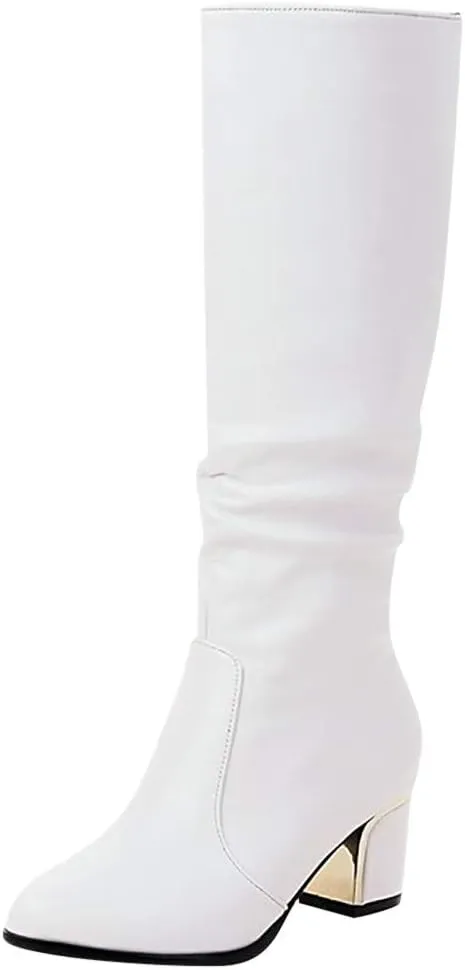 AMDBEL Cowgirl Boots Women, Mid Calf Boots for Women Chunky High Heel Platform Boots PU Leather Cosplay Dress Knee High Boots,Boots For Women Fashion Dressy