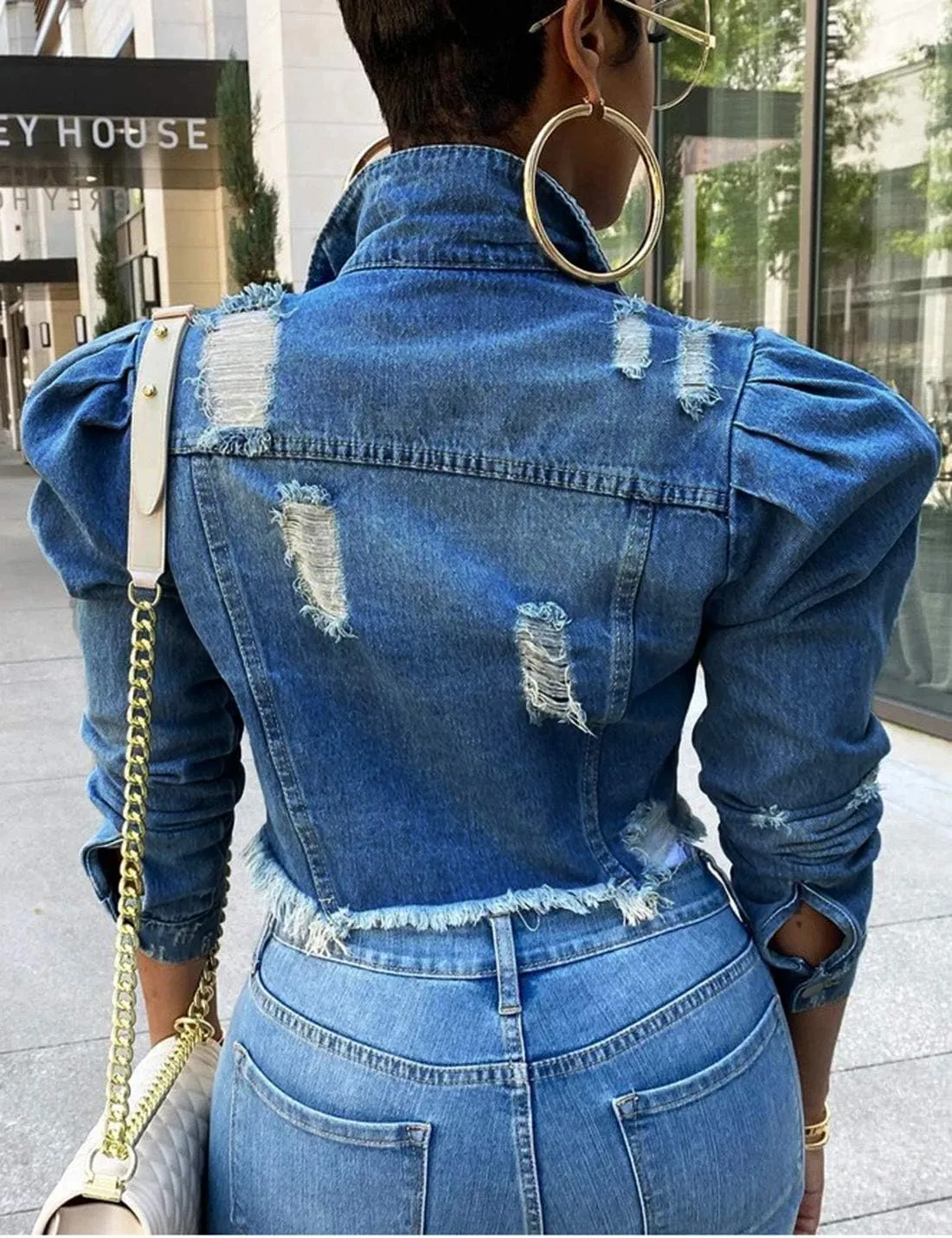 AMEBELLE Jean Jacket for Women Long Puff Sleeve Distressed Crop Denim Jackets Top