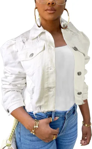 AMEBELLE Jean Jacket for Women Long Puff Sleeve Distressed Crop Denim Jackets Top