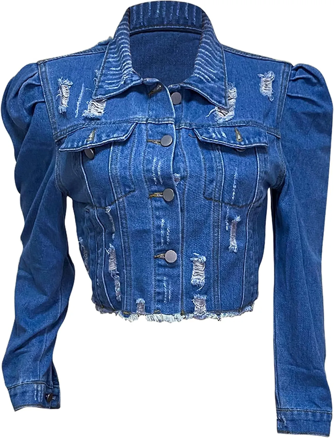AMEBELLE Jean Jacket for Women Long Puff Sleeve Distressed Crop Denim Jackets Top