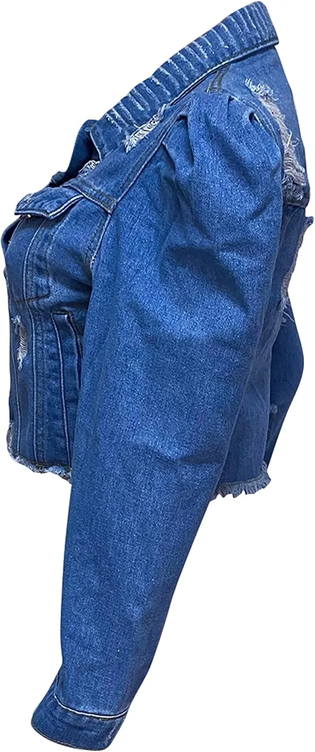 AMEBELLE Jean Jacket for Women Long Puff Sleeve Distressed Crop Denim Jackets Top