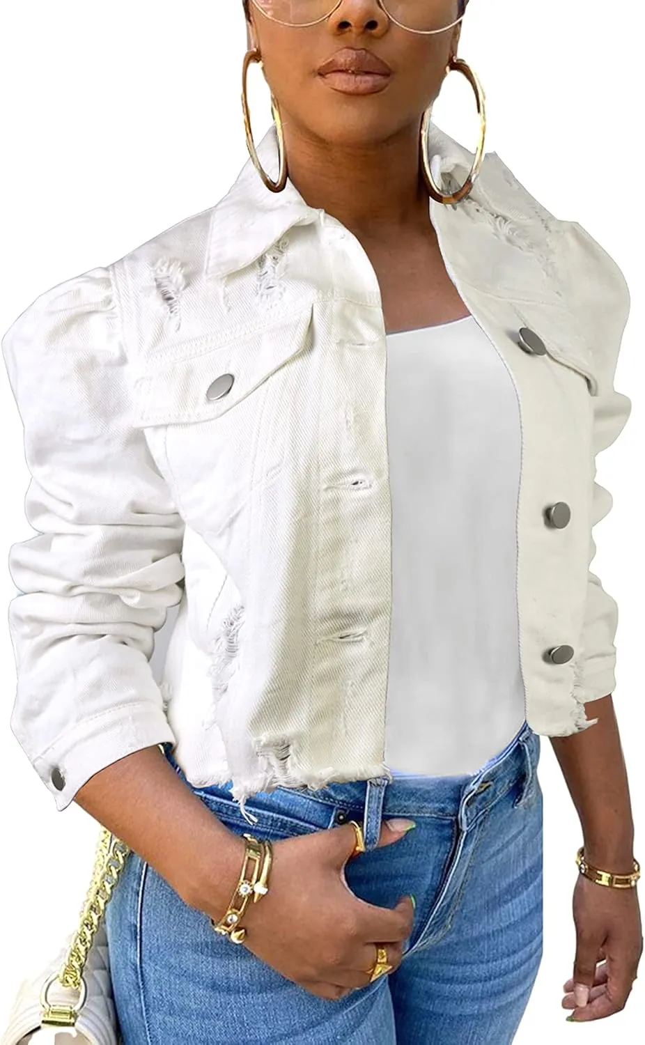 AMEBELLE Jean Jacket for Women Long Puff Sleeve Distressed Crop Denim Jackets Top