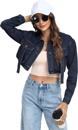 andy & natalie Womens Jean Jacket Cropped Fashion Button Down Denim Jackets Short Shacket Outfit