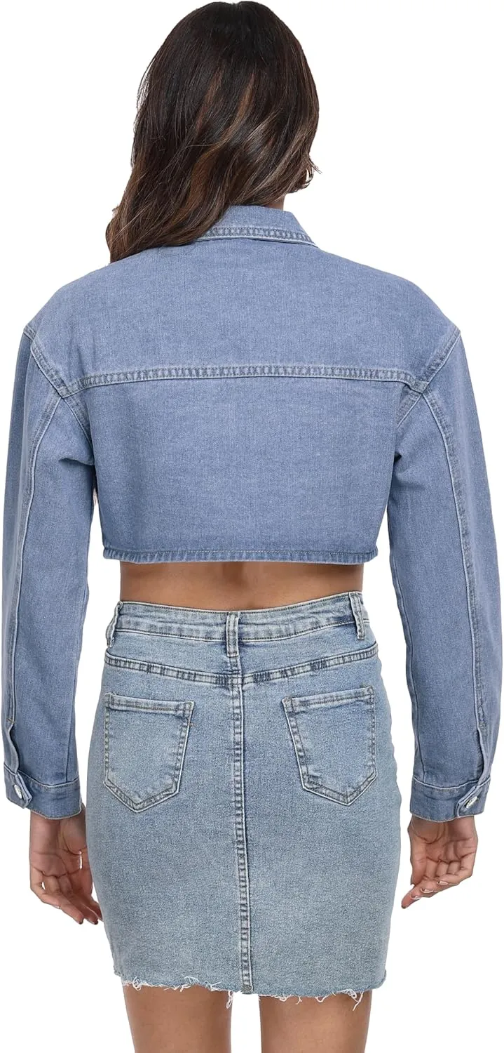 andy & natalie Womens Jean Jacket Cropped Fashion Button Down Denim Jackets Short Shacket Outfit