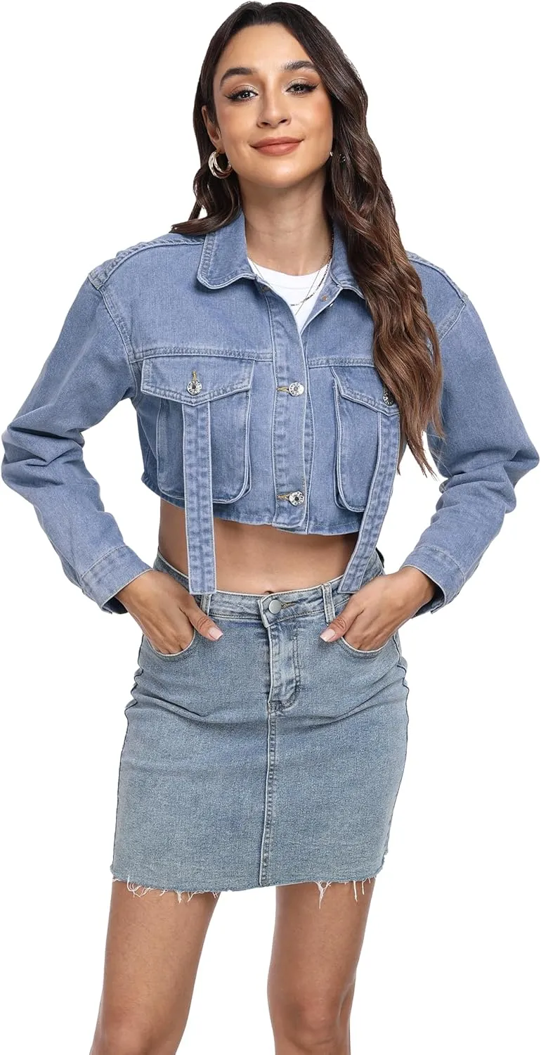 andy & natalie Womens Jean Jacket Cropped Fashion Button Down Denim Jackets Short Shacket Outfit