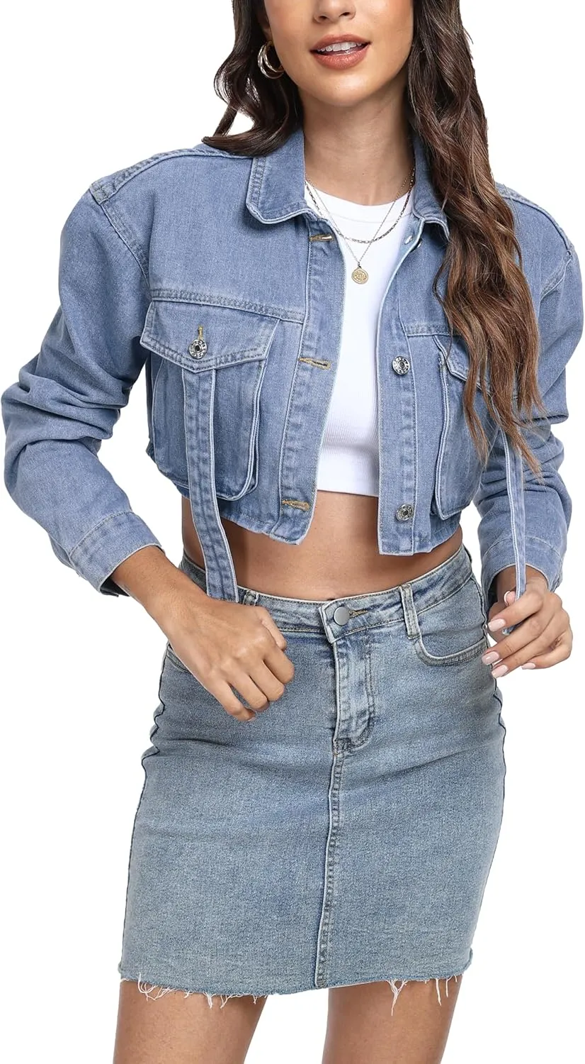 andy & natalie Womens Jean Jacket Cropped Fashion Button Down Denim Jackets Short Shacket Outfit