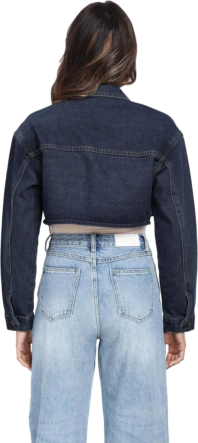 andy & natalie Womens Jean Jacket Cropped Fashion Button Down Denim Jackets Short Shacket Outfit
