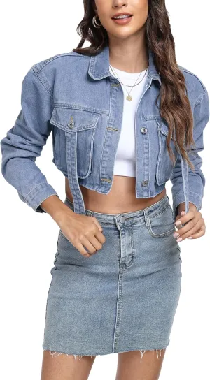 andy & natalie Womens Jean Jacket Cropped Fashion Button Down Denim Jackets Short Shacket Outfit