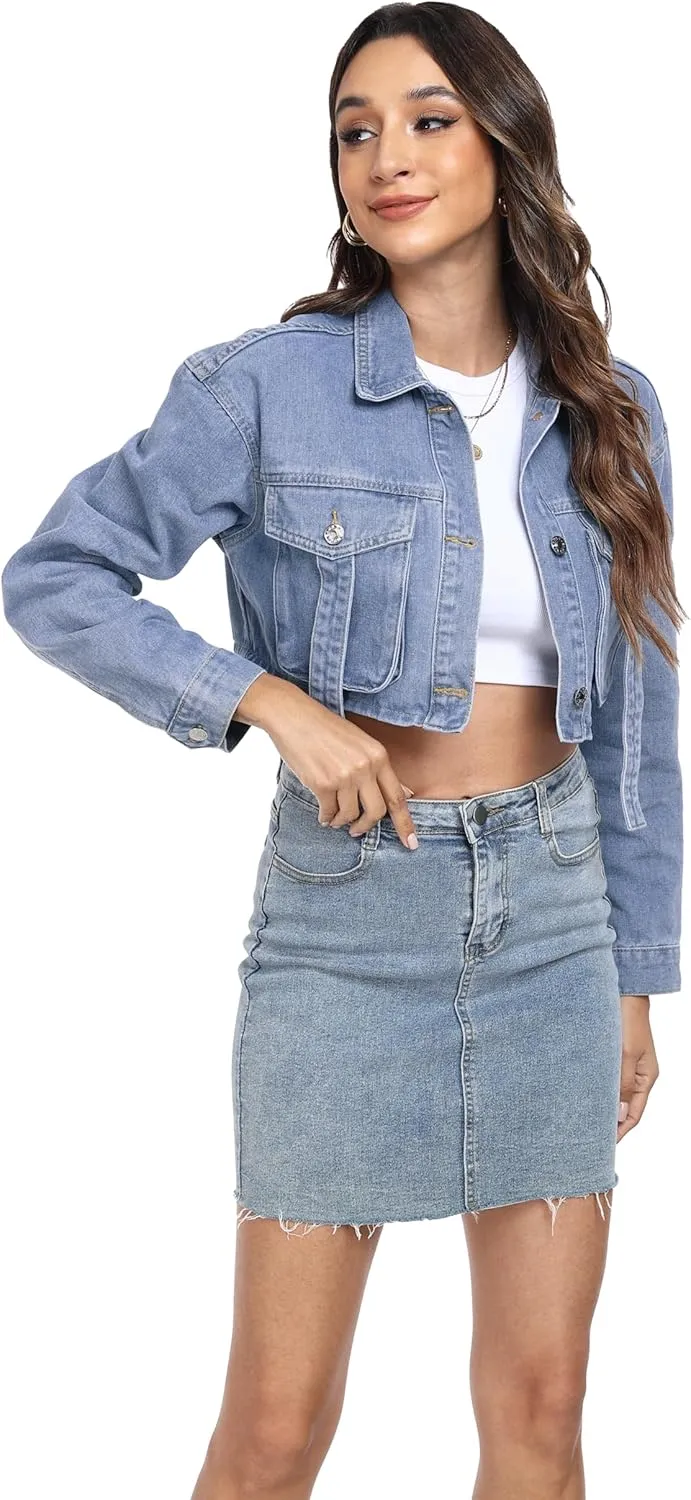 andy & natalie Womens Jean Jacket Cropped Fashion Button Down Denim Jackets Short Shacket Outfit
