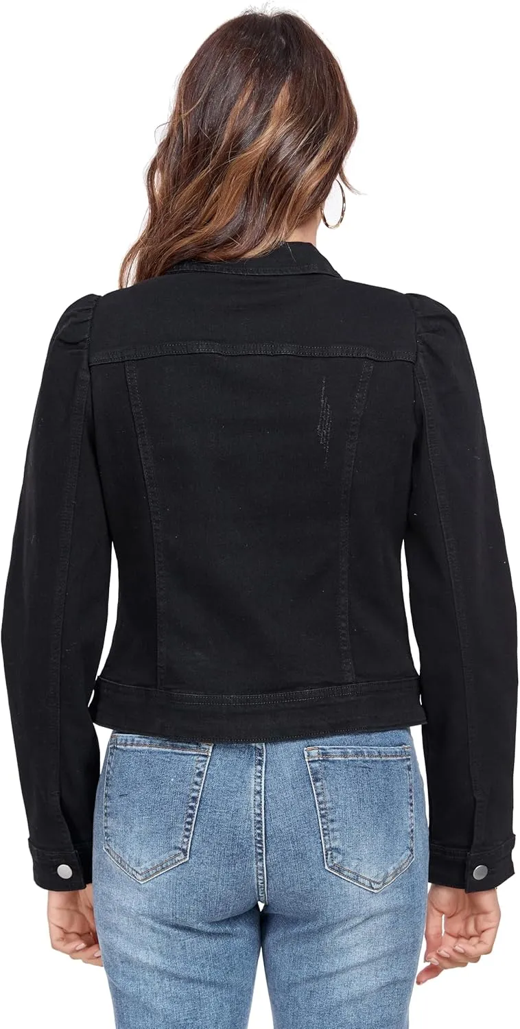 Anienaya Women's Jean Jacket Cropped Denim Jackets Stretchy Puff Long Sleeve Distressed with Pockets