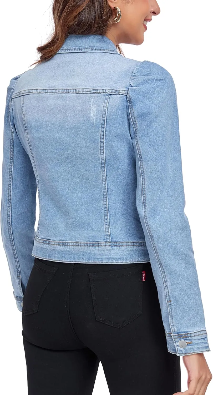 Anienaya Women's Jean Jacket Cropped Denim Jackets Stretchy Puff Long Sleeve Distressed with Pockets