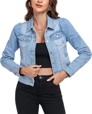 Anienaya Women's Jean Jacket Cropped Denim Jackets Stretchy Puff Long Sleeve Distressed with Pockets