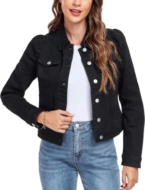 Anienaya Women's Jean Jacket Cropped Denim Jackets Stretchy Puff Long Sleeve Distressed with Pockets