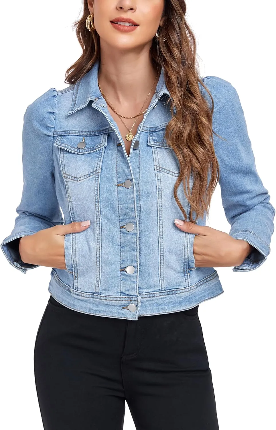 Anienaya Women's Jean Jacket Cropped Denim Jackets Stretchy Puff Long Sleeve Distressed with Pockets