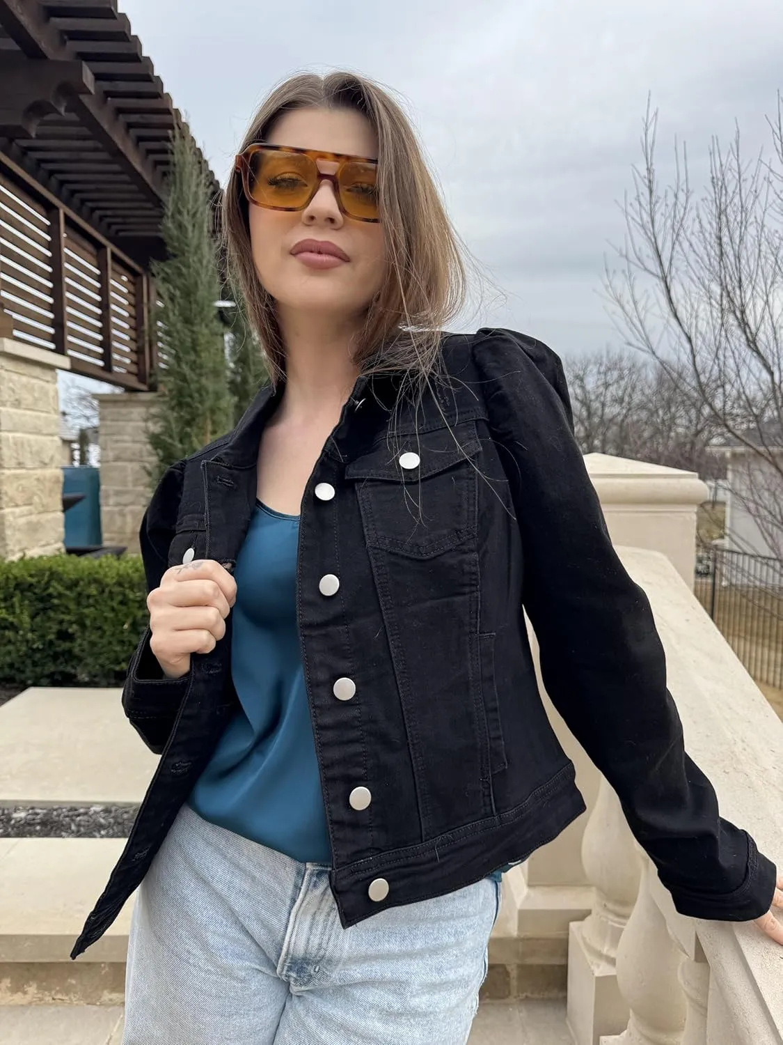 Anienaya Women's Jean Jacket Cropped Denim Jackets Stretchy Puff Long Sleeve Distressed with Pockets