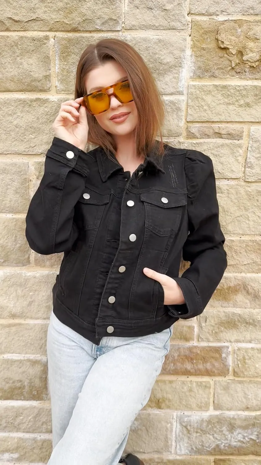 Anienaya Women's Jean Jacket Cropped Denim Jackets Stretchy Puff Long Sleeve Distressed with Pockets