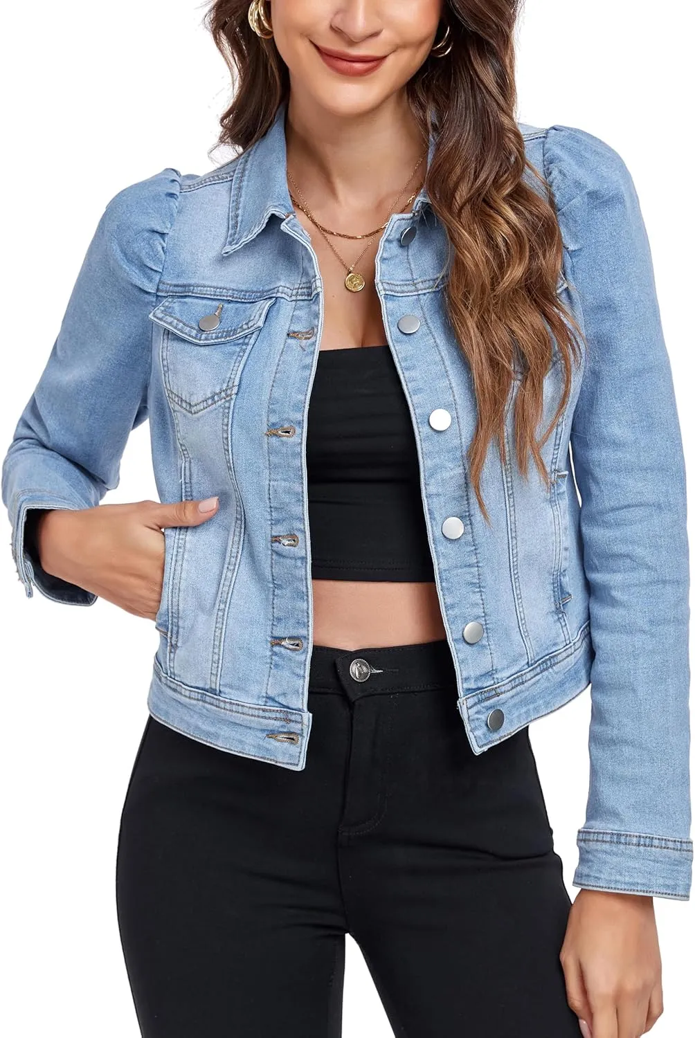Anienaya Women's Jean Jacket Cropped Denim Jackets Stretchy Puff Long Sleeve Distressed with Pockets