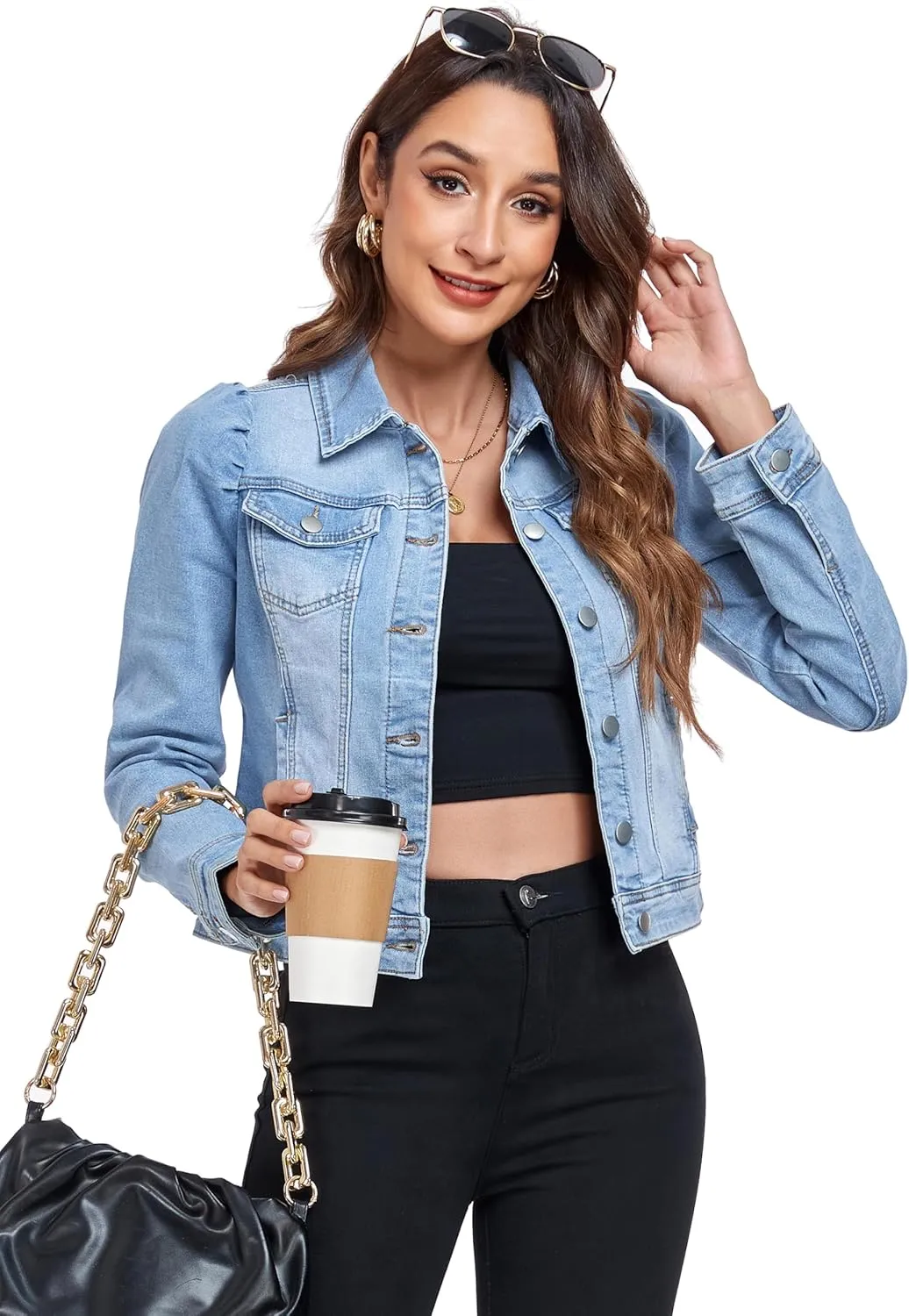 Anienaya Women's Jean Jacket Cropped Denim Jackets Stretchy Puff Long Sleeve Distressed with Pockets
