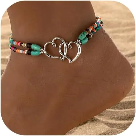 Ankle Bracelets for Women Heart Layered Stretch Ankle Bracelet Colorful Beaded Anklets Boho Ankle Beach Anklet Jewelry Accessories for Summer