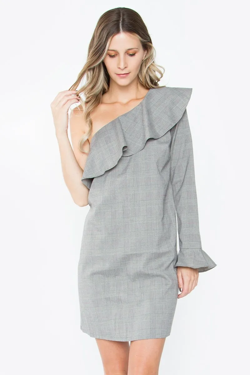 Arianna Plaid One Shoulder Dress