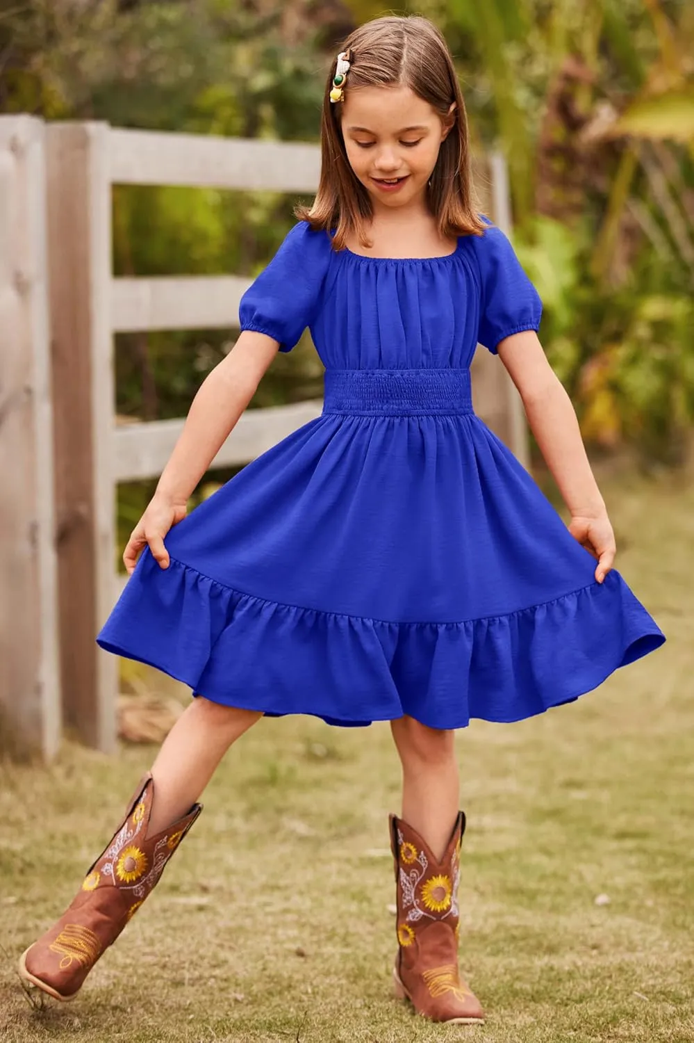 Arshiner Girls Tie Back Short Sleeve Ruffle Hem Off Shoulder Casual Elegant Dresses 4-12 Years