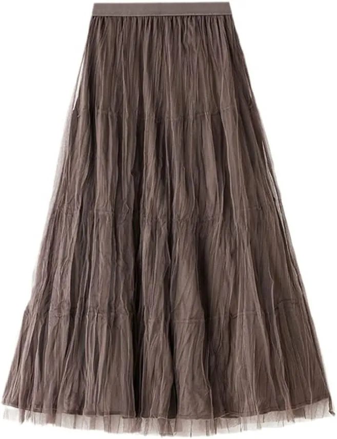 Autumn Winter Long Velvet Tulle Skirt, Women Casual High Waist Midi Pleated Skirts, Female Chic Reversible Skirt