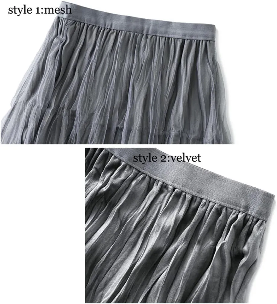 Autumn Winter Long Velvet Tulle Skirt, Women Casual High Waist Midi Pleated Skirts, Female Chic Reversible Skirt