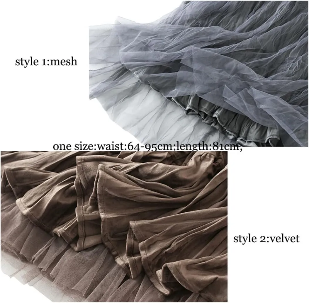 Autumn Winter Long Velvet Tulle Skirt, Women Casual High Waist Midi Pleated Skirts, Female Chic Reversible Skirt