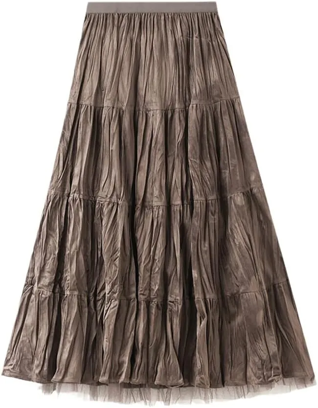 Autumn Winter Long Velvet Tulle Skirt, Women Casual High Waist Midi Pleated Skirts, Female Chic Reversible Skirt