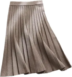 Autumn Winter Thick Knitted Skirt Women Fashion High Waist Pleated Midi Skirts Female Elegant Chic A Line Skirt