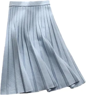Autumn Winter Thick Knitted Skirt Women Fashion High Waist Pleated Midi Skirts Female Elegant Chic A Line Skirt