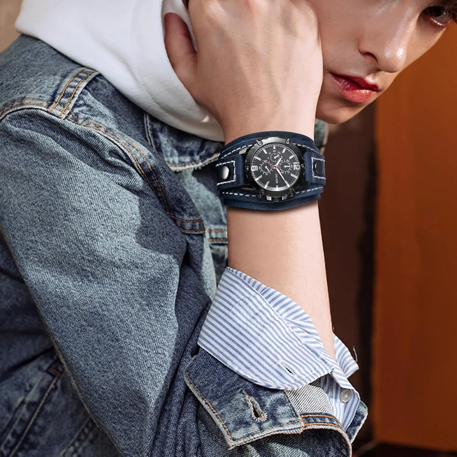 Avaner Men's Punk Leather Watches: Retro Vintage Steampunk Wide Band Quartz Cuff Wrsit Watches