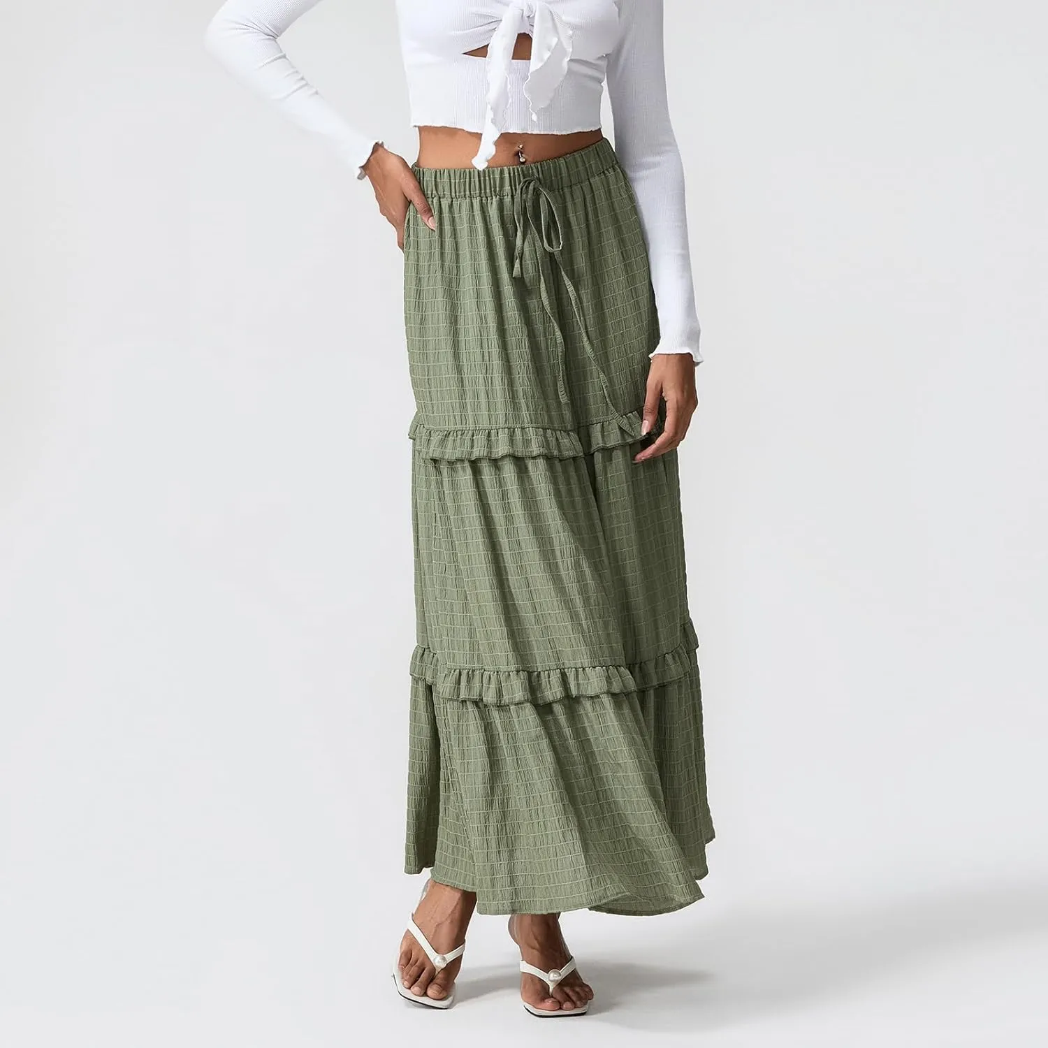 Awoscut Women's High Waist Pleated Maxi Skirts Summer A Line Flowy Swing Casual Long Bohemian Beach Skirt Dress