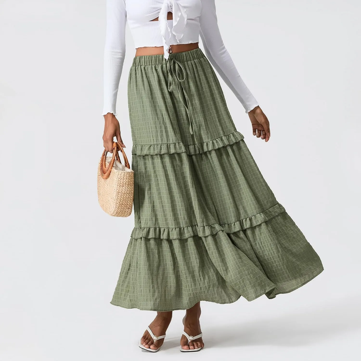 Awoscut Women's High Waist Pleated Maxi Skirts Summer A Line Flowy Swing Casual Long Bohemian Beach Skirt Dress