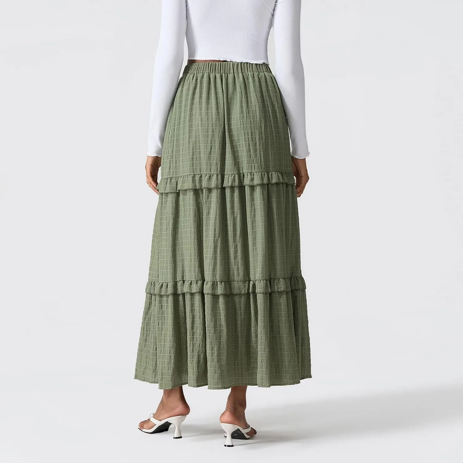 Awoscut Women's High Waist Pleated Maxi Skirts Summer A Line Flowy Swing Casual Long Bohemian Beach Skirt Dress