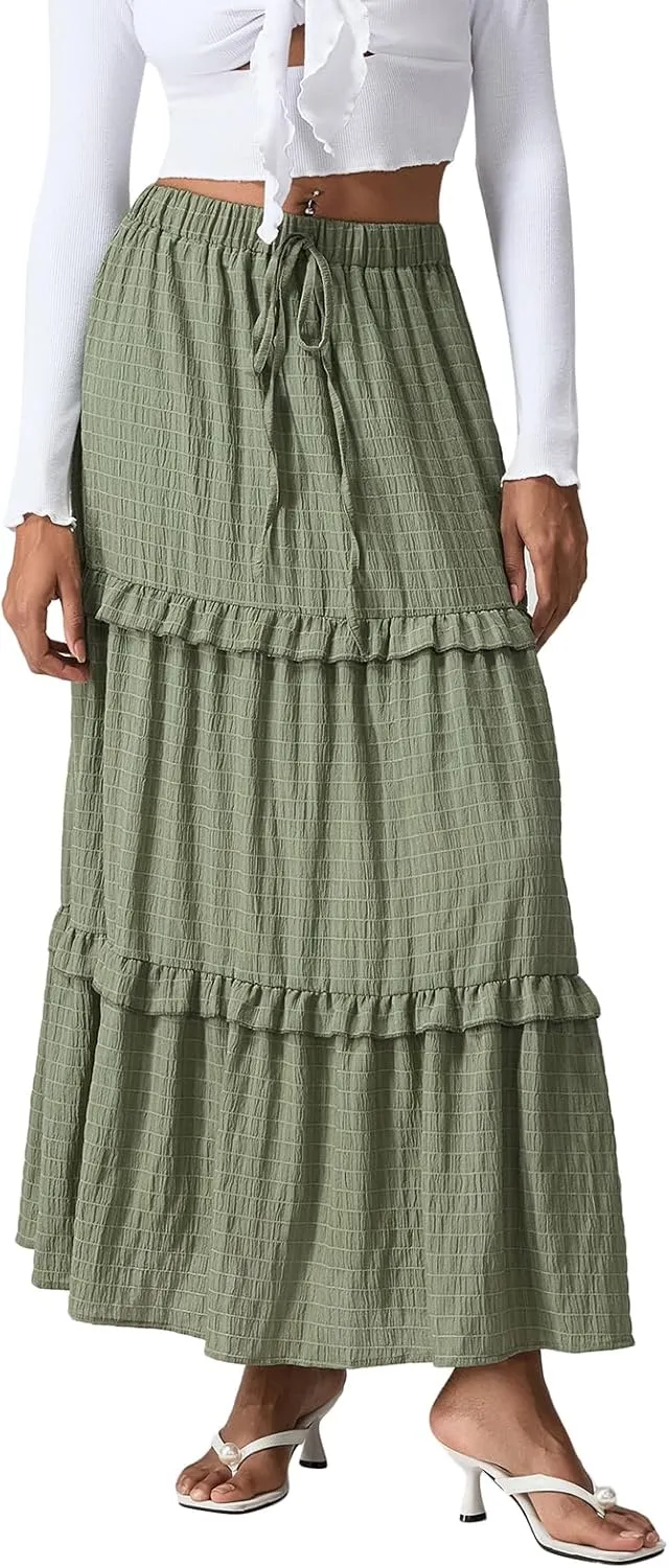 Awoscut Women's High Waist Pleated Maxi Skirts Summer A Line Flowy Swing Casual Long Bohemian Beach Skirt Dress