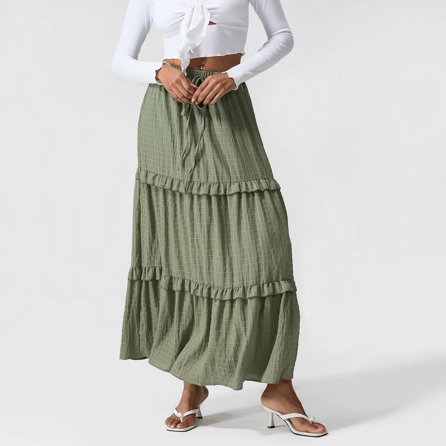 Awoscut Women's High Waist Pleated Maxi Skirts Summer A Line Flowy Swing Casual Long Bohemian Beach Skirt Dress