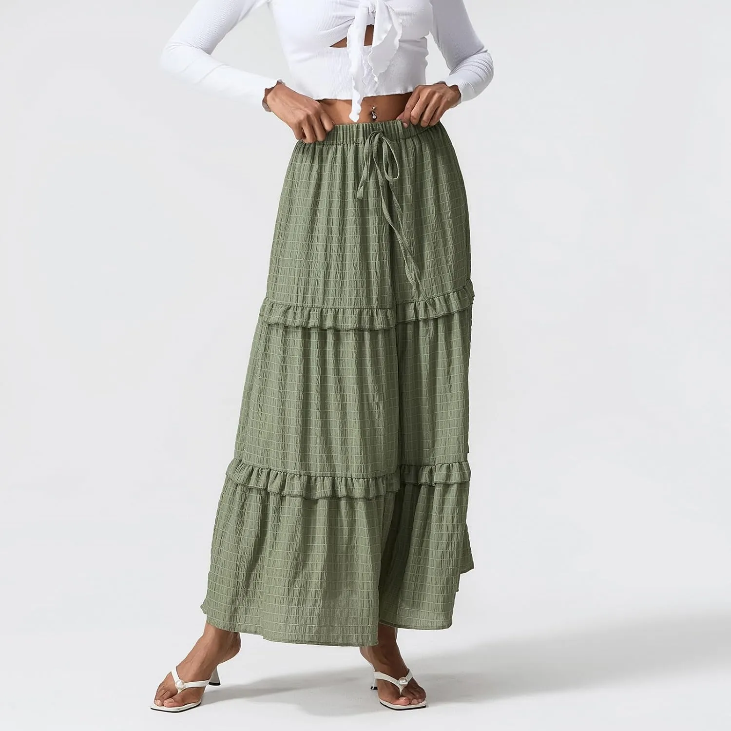 Awoscut Women's High Waist Pleated Maxi Skirts Summer A Line Flowy Swing Casual Long Bohemian Beach Skirt Dress