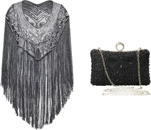 BABEYOND 1920s Shawl Wraps Long Fringed Evening Cape Sequin Beaded Party Shawl Evening Clutch Purses for Women Vintage Evening Bag Accessories for Women Gatsby 1920s Beaded Sequin Clutch
