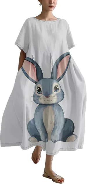 Bengbobar Easter Dress for Women, Bunny Eggs Print Maxi Dress, Short Sleeve Cotton Dress Flowy Chic Beach Summer Sundress