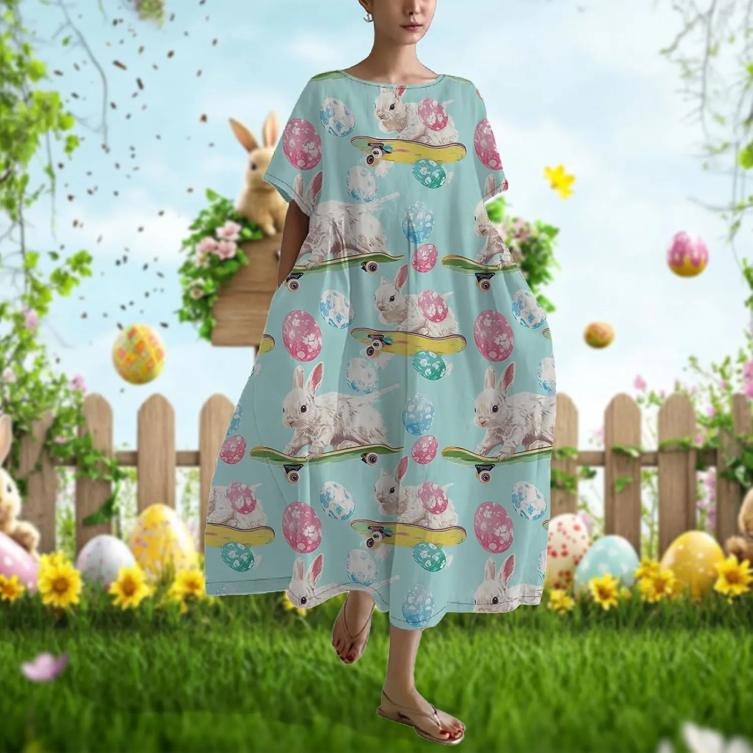 Bengbobar Easter Dress for Women, Bunny Eggs Print Maxi Dress, Short Sleeve Cotton Dress Flowy Chic Beach Summer Sundress