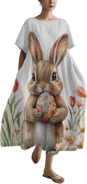Bengbobar Easter Dress for Women, Bunny Eggs Print Maxi Dress, Short Sleeve Cotton Dress Flowy Chic Beach Summer Sundress