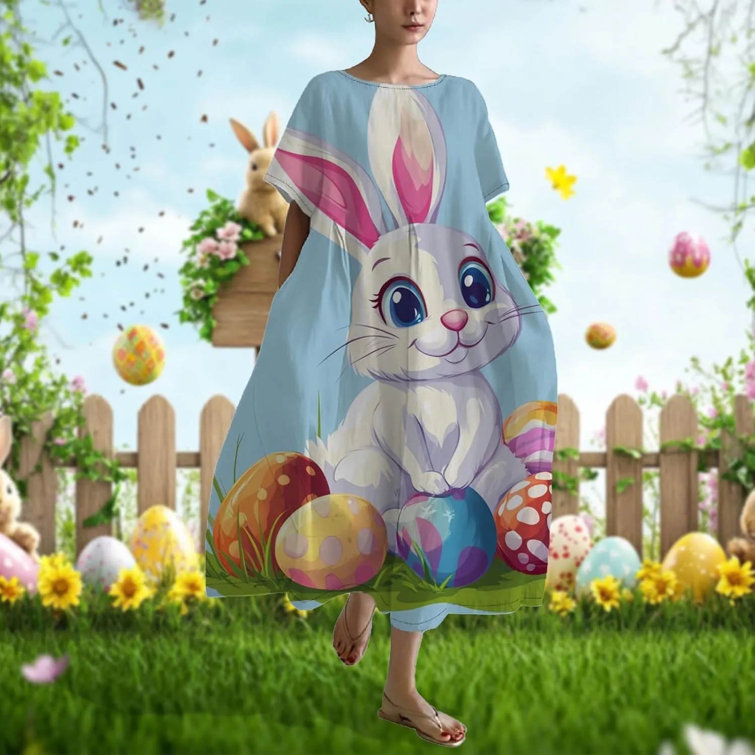 Bengbobar Easter Dress for Women, Bunny Eggs Print Maxi Dress, Short Sleeve Cotton Dress Flowy Chic Beach Summer Sundress