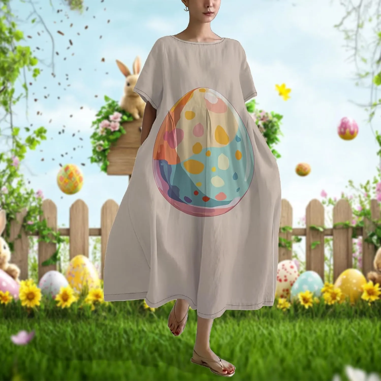 Bengbobar Easter Dress for Women, Bunny Eggs Print Maxi Dress, Short Sleeve Cotton Dress Flowy Chic Beach Summer Sundress