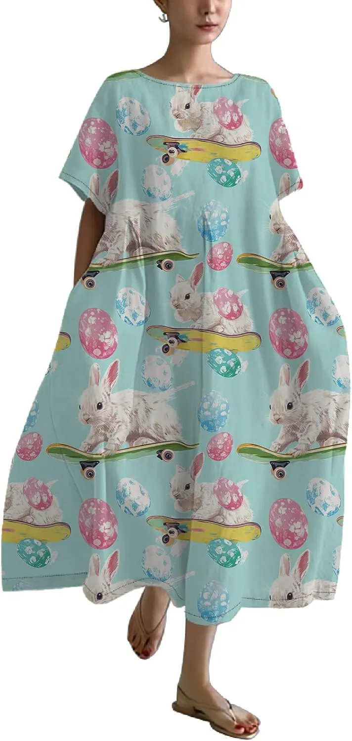 Bengbobar Easter Dress for Women, Bunny Eggs Print Maxi Dress, Short Sleeve Cotton Dress Flowy Chic Beach Summer Sundress