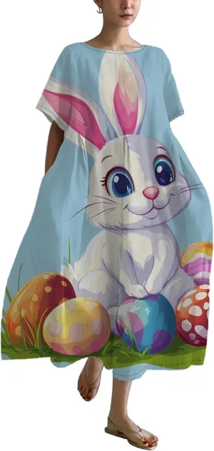 Bengbobar Easter Dress for Women, Bunny Eggs Print Maxi Dress, Short Sleeve Cotton Dress Flowy Chic Beach Summer Sundress